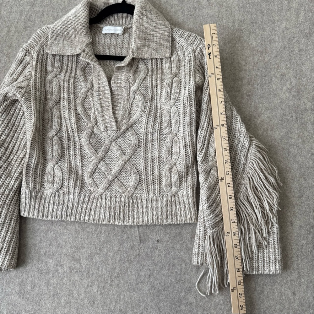 Jonathan Simkhai Kara Mouline Cable Knit Fringe Polo Sweater Beige - Picture 5 of 11